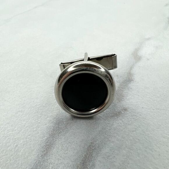 Vintage Silver Tone and Black Round Single Cufflink - Picture 1 of 5
